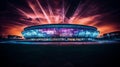 Football arena exterior, glowing sport stadium in dark. Generative AI