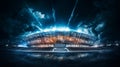 Football arena exterior at night, glowing sport stadium in dark. Generative AI