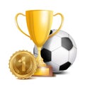 Football Award Vector. Sport Banner Background. Ball, Gold Winner Trophy Cup