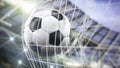 Football at the back of the net. 3D illustration Royalty Free Stock Photo