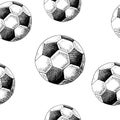 Football backdrop. Hand drawn seamless pattern with sketch style soccer balls. Black on white. Vector background. Royalty Free Stock Photo