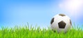Football background with soccer ball, grass and sky. Vector realistic summer field for poster, banner Royalty Free Stock Photo