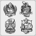 Football badges, labels and design elements. Sport club emblems with ancient warriors. Print design for t-shirt. Royalty Free Stock Photo