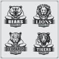 Football badges, labels and design elements. Sport club emblems with bear, lion, tiger and leopard.