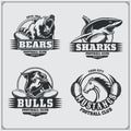 Football badges, labels and design elements. Sport club emblems with bear, shark, bull and horse. Royalty Free Stock Photo