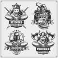 Football badges, labels and design elements. Sport club emblems with king, crusader, knight and viking. Royalty Free Stock Photo