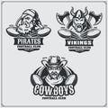 Football badges, labels and design elements. Sport club emblems with pirate,cowboy and viking.