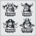 Football badges, labels and design elements. Sport club emblems with pirate,cowboy and viking.