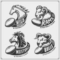 Football badges, labels and design elements. Sport club emblems with ram, bull and horse. Print design for t-shirts.