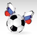 Football ball background with two butterflies and flag of Russia