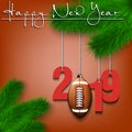 Football ball and 2019 on a Christmas tree branch