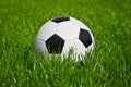 Football ball in green grass of soccer field Royalty Free Stock Photo