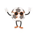 Football ball groovy character in sunglass. Soccer retro mascot. Cartoon sport equipment isolated on white background. Royalty Free Stock Photo