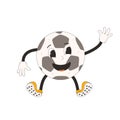 Football ball groovy character waving with hand. Soccer retro mascot. Cartoon sport equipment isolated on white background. Royalty Free Stock Photo