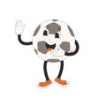 Football ball groovy character waving with hands. Soccer retro mascot. Cartoon sport equipment isolated on white background. Royalty Free Stock Photo