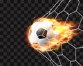 Football ball hitting the net,soccer ball with fire tongues Royalty Free Stock Photo