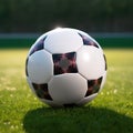Football Ball. Illustration of a brend new football ball on a green soccer field. Generative AI (Real 300 DPI) Royalty Free Stock Photo