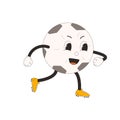 Football ball running groovy character. Soccer retro mascot player. Cartoon sport equipment isolated on white background. Royalty Free Stock Photo