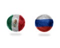 Football balls with national flags of mexico and russia.