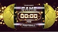 Football Banner With 3d golden Ball. Soccer game match design with timer or scoreboard. Half football ball. Ball divided Royalty Free Stock Photo