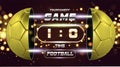 Football banner, poster or flyer design with 3d golden Ball. Soccer game match design with timer or scoreboard. Half Royalty Free Stock Photo
