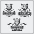 Football, baseball and hockey logos and labels. Sport club emblems with leopard. Royalty Free Stock Photo