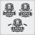 Football, baseball and hockey logos and labels. Sport club emblems with lion. Royalty Free Stock Photo