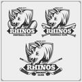 Football, baseball and hockey logos and labels. Sport club emblems with rhino.