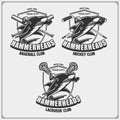 Football, baseball, lacrosse and hockey logos and labels. Sport club emblems with hammerhead shark.