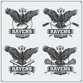 Football, baseball, lacrosse and hockey logos and labels. Sport club emblems with raven.