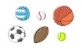 Football, basketball, tennis, baseball colored ball one line art. Continuous line drawing soccer, rugby, volleyball