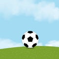 Football black and white on green fields with fluffy cloud and blue sky, One Soccer ball on grass lawn Royalty Free Stock Photo