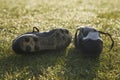 Football boots on a empty football pitch
