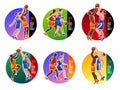 His is Basketball Concept illustrations. Stickers and badges collection with players are fighting for the ball Flat cartoon icons Royalty Free Stock Photo