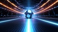 Football in the center of a futuristic indoor soccer field or stadium with neon glowing lines background. Generative AI