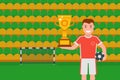 Football champion with golden trophy, vector illustration. Happy soccer player on stadium, prize winner man. Cartoon