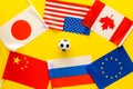 Football championat. American, Canadian, European, Japanese, China, Russian flags and football ball on yellow background