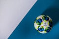 Football Champions League Ball for season 2020, blue background, white edit space