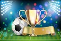 Soccer ball, arena stadium, golden cup and yellow flag. Royalty Free Stock Photo