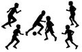 Football children game, silhouette of player boys kicking ball. Vector illustration