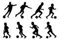 Football children game, silhouette of player boys kicking ball. Vector illustration
