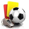 Football concept. Penalty card, metal whistle and soccer ball