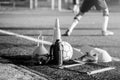 Football, cool flask, black red sports shoes and soccer training equipment