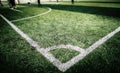 Football Corner line on green artifact grass of soccer indoor pitch