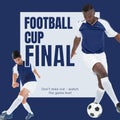 Football cup final text on white and blue with diverse male football players and ball Royalty Free Stock Photo
