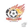 Football emblem with ball on fire, flame and sports arena, isolated color picture. Vector illustration Royalty Free Stock Photo