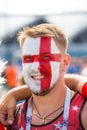 football English fan with a painted English flag on his face at the World Cup Royalty Free Stock Photo