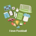 Football equipment and supplies banner vector illustration. Soccer love set of icons with field, ball, trophy