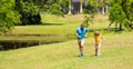 football family team of father and son, copy space banner. Fatherhood in outdoor of daddy and son kid. daddy with son