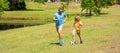 football family team of father and son. Fatherhood in outdoor of daddy and son kid. daddy with son improve fatherhood